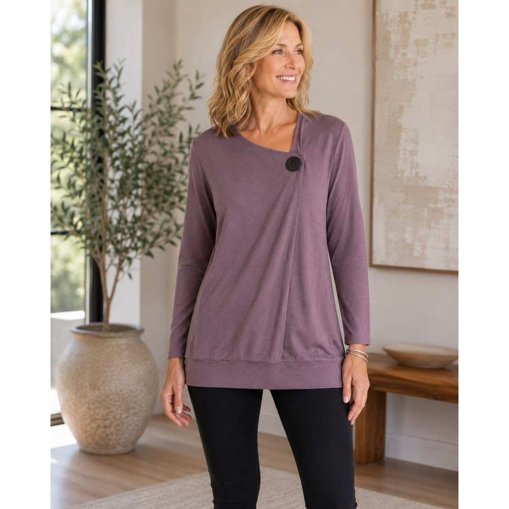 Chalet Size Medium Purple Tunic Top Asymmetrical Neck Button Lagenlook USA